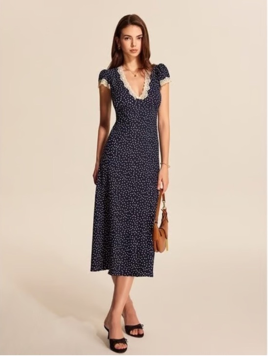 Commense Dresses & Skirts - NWT Commense Polka Dot Lace Trim V-Neck Short Sleeve Sheath Dress Navy Medium